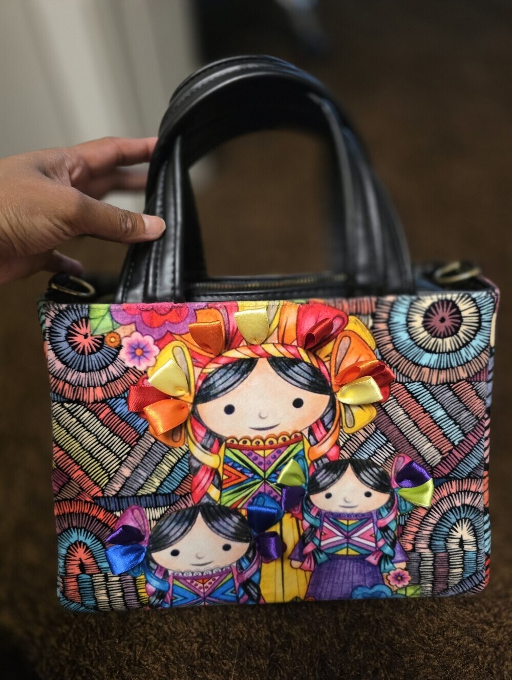 Colorful Hand-Embroidered Women’s Tote Bag with Doll Motif